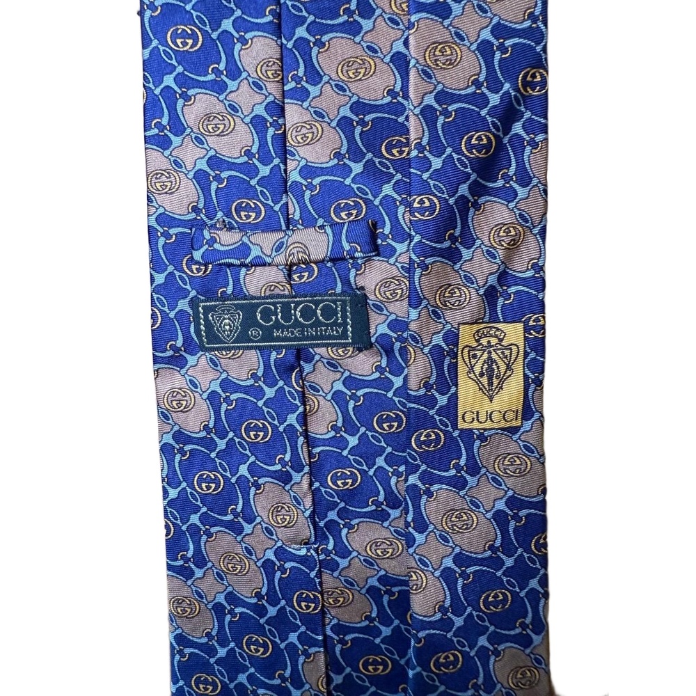Gucci Mens Tie Blue Gold GG Logo Horsebit Jacquard Vintage Excellent Condition - Picture 2 of 3